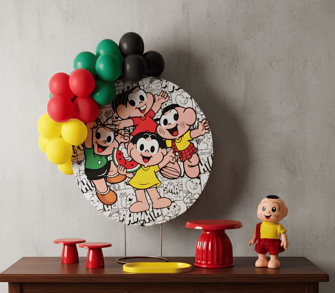 Kit pegue e monte Turma da Mônica com painel temático e mesa decorada, disponível para aluguel em Curitiba.
